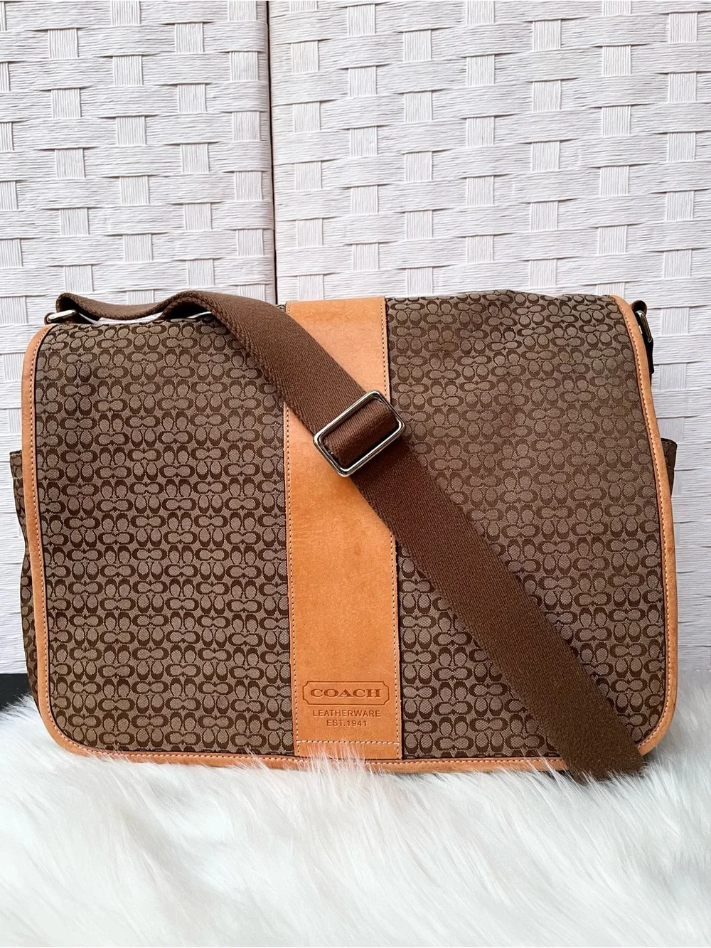 ‘07 Coach Small C Signature Canvas Messenger Bag Natural Vachetta Trim